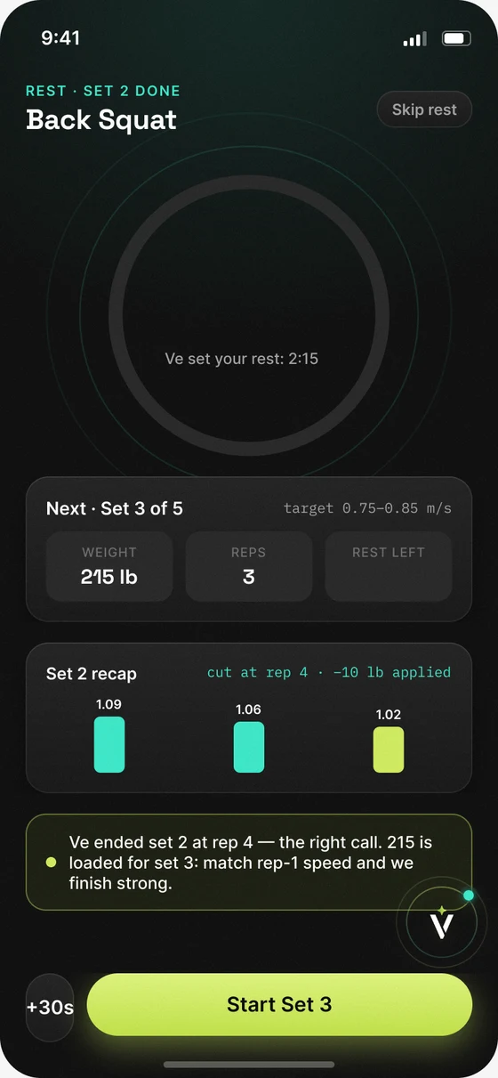 Velocity app adapting the next set: minus 10 lb applied, 215 lb by 3